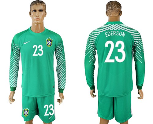 Brazil #23 Ederson Green Goalkeeper Long Sleeves Soccer Country Jersey - Click Image to Close